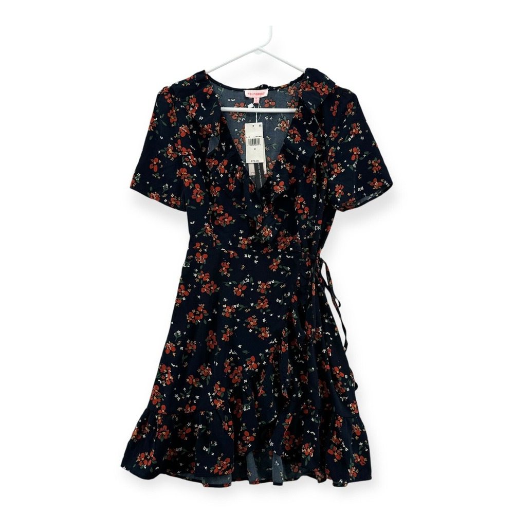 NWT Re Named Wrap Dress‎ Womens Medium Navy Floral V Neck Ruffle Hem